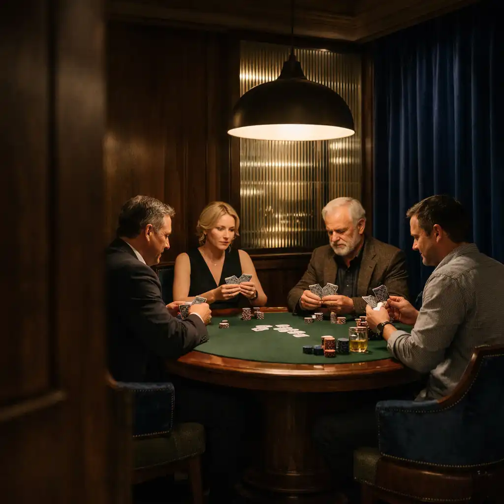 Čtyři hosté u pokerového stolu v komorním Card Roomu