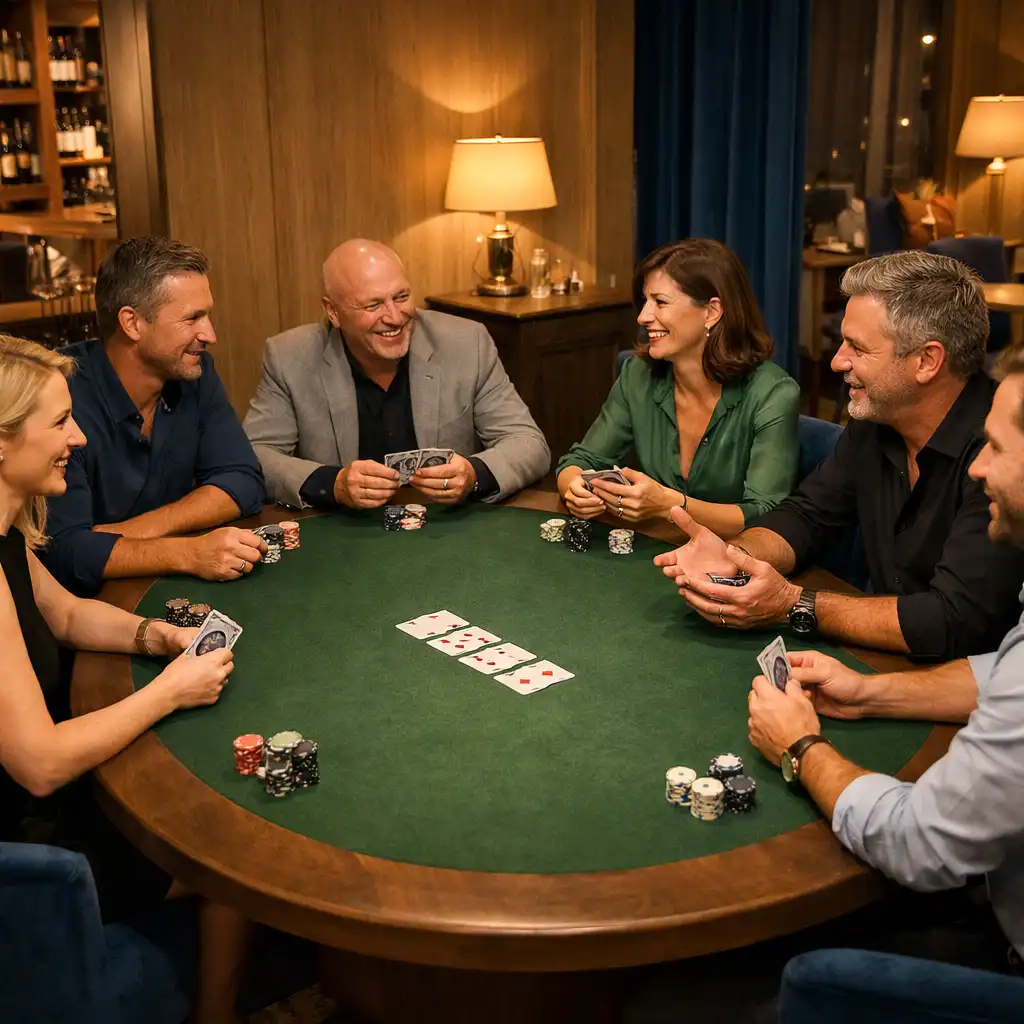 Šest hostů kolem skutečného oválného pokerového stolu v Poker Lounge