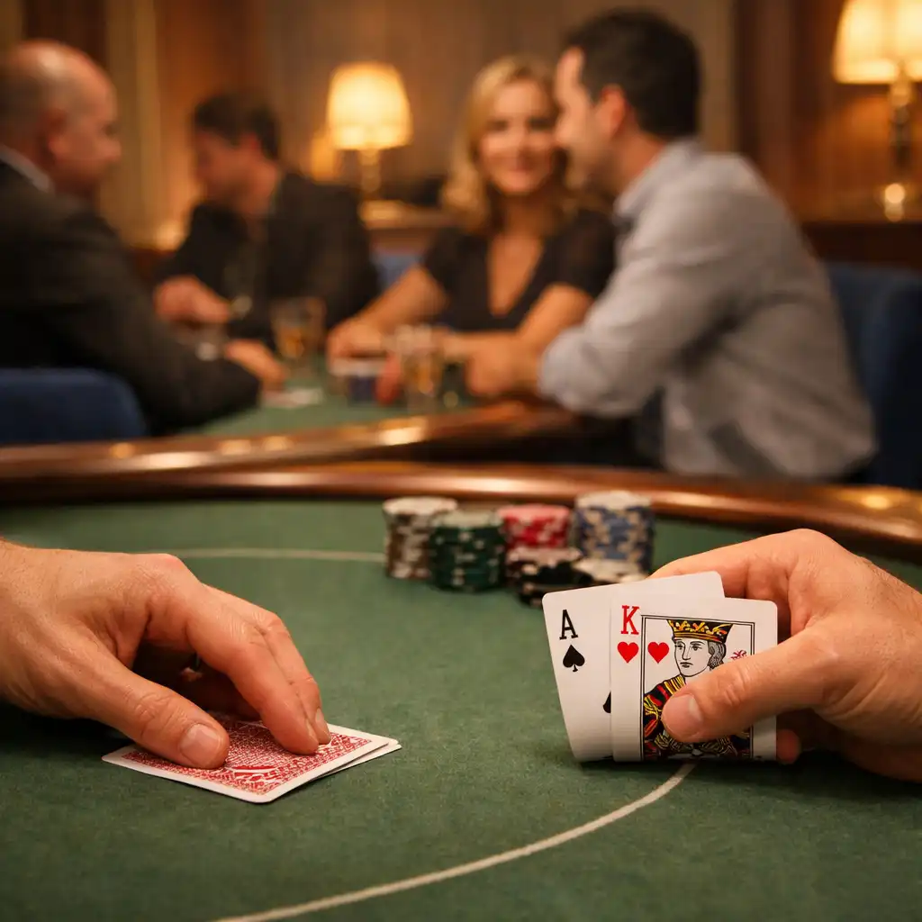 Ruce hráčů u zeleného pokerového stolu se skupinou v pozadí