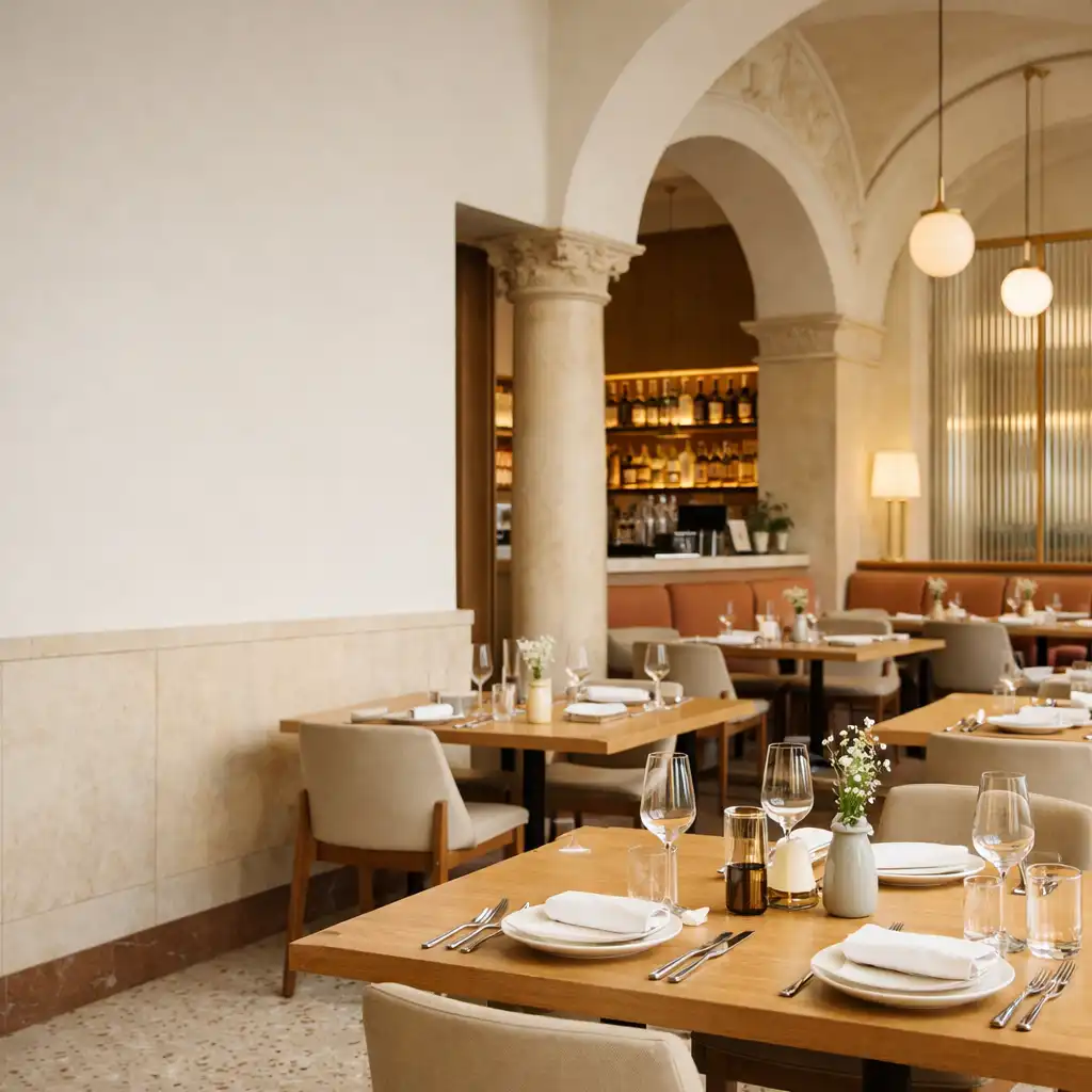 Světlý interiér GourmetTableHouse s dřevěnými stoly, sklem a denním světlem