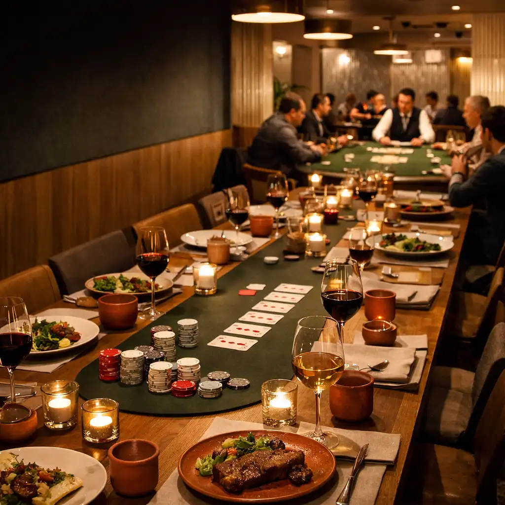 Dlouhý společný stůl s večeří, který v restauraci přechází k živému Texas Hold’em u fyzického pokerového stolu.
