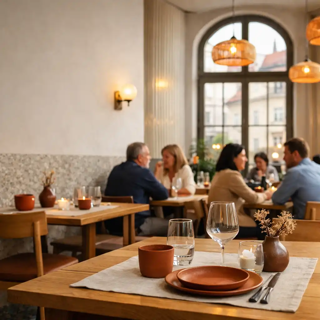 Světlý interiér restaurace se světlými dubovými stoly, lnem a hosty v rozhovoru u vysokých oken.