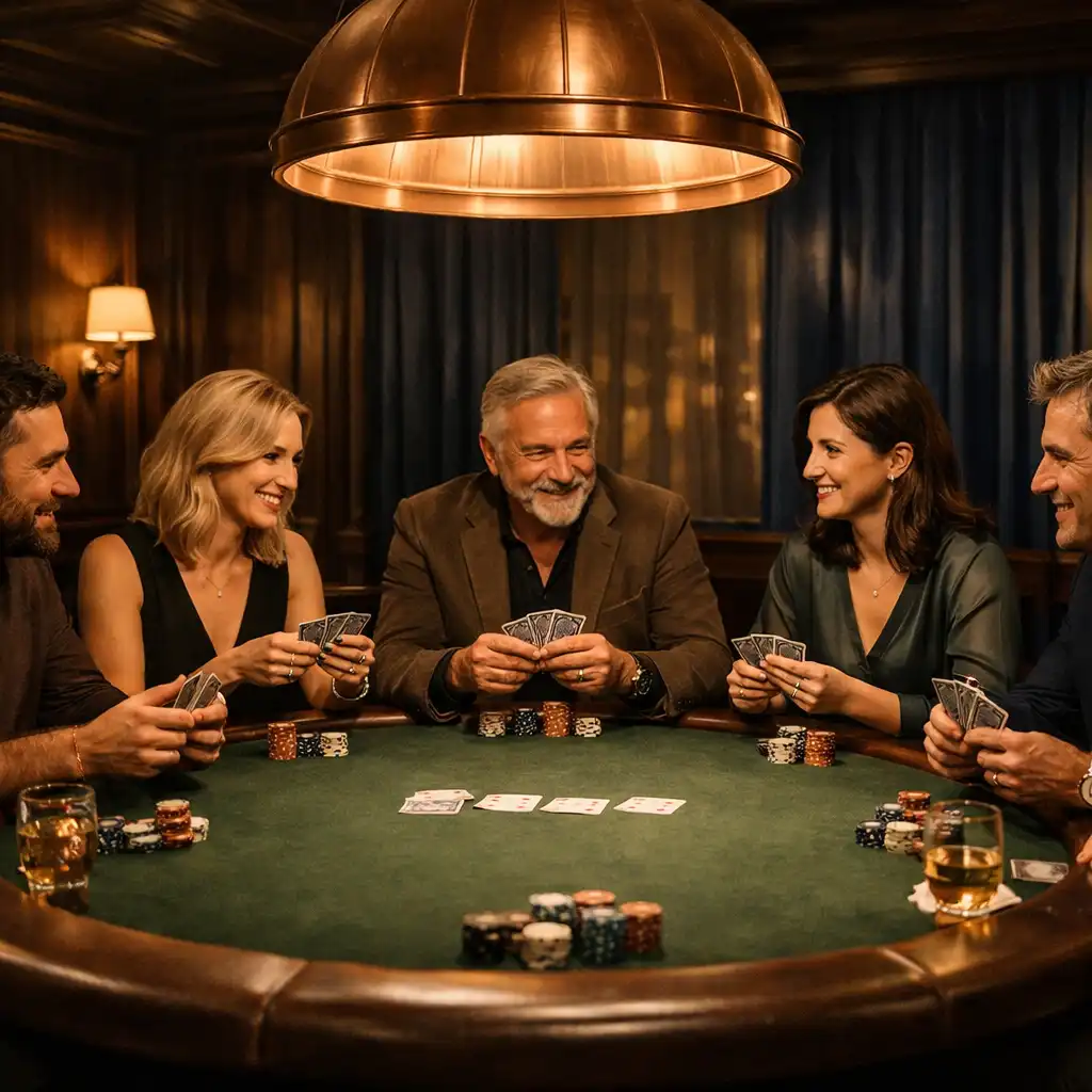 Skupina dospělých hostů v Poker Lounge sedí kolem fyzického oválného stolu se zeleným filcem, drží karty a vede rozhovor.