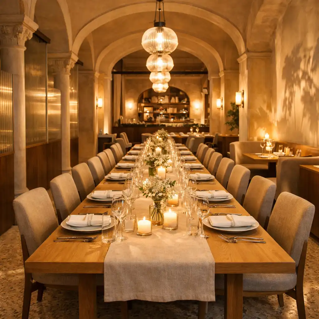 Dlouhý prostřený stůl v současném světlém interiéru restaurace