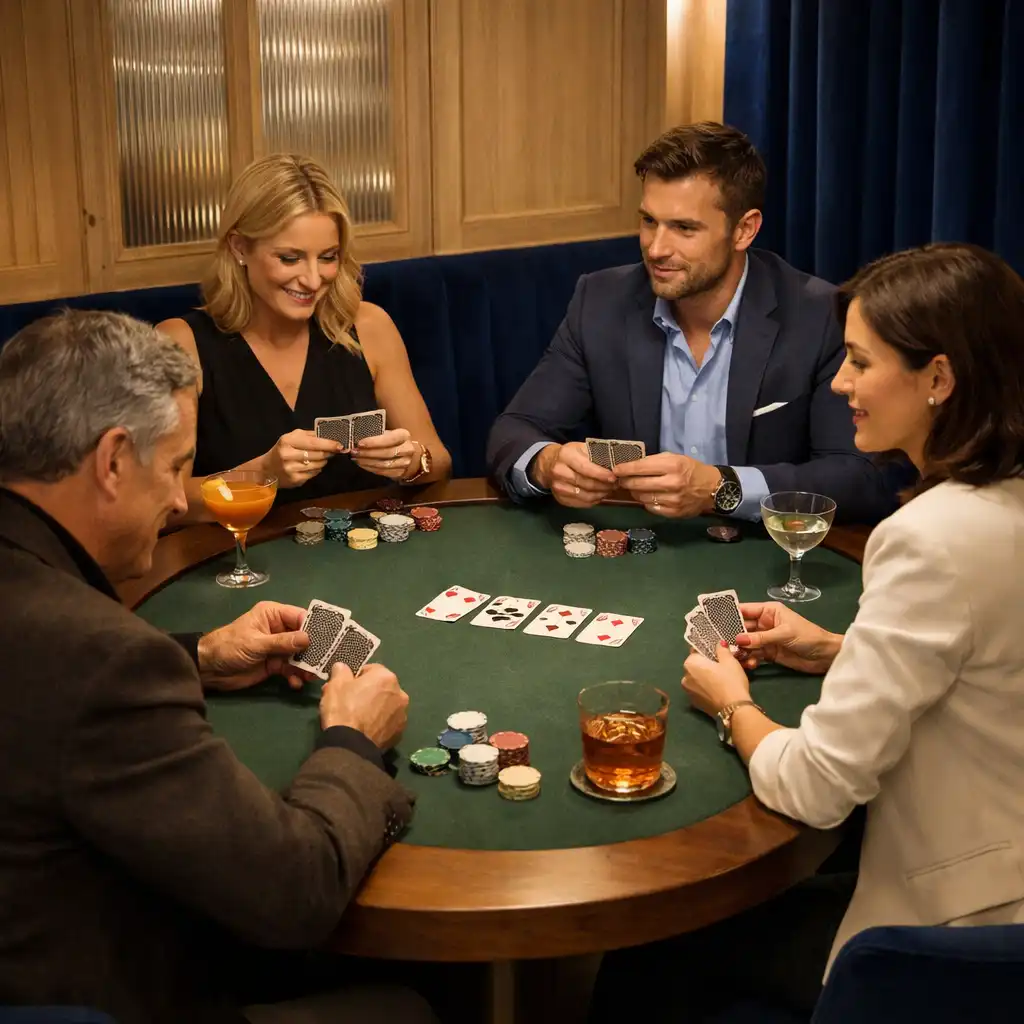 Hosté u skutečného oválného pokerového stolu s Forest Sage filcem v Poker Lounge