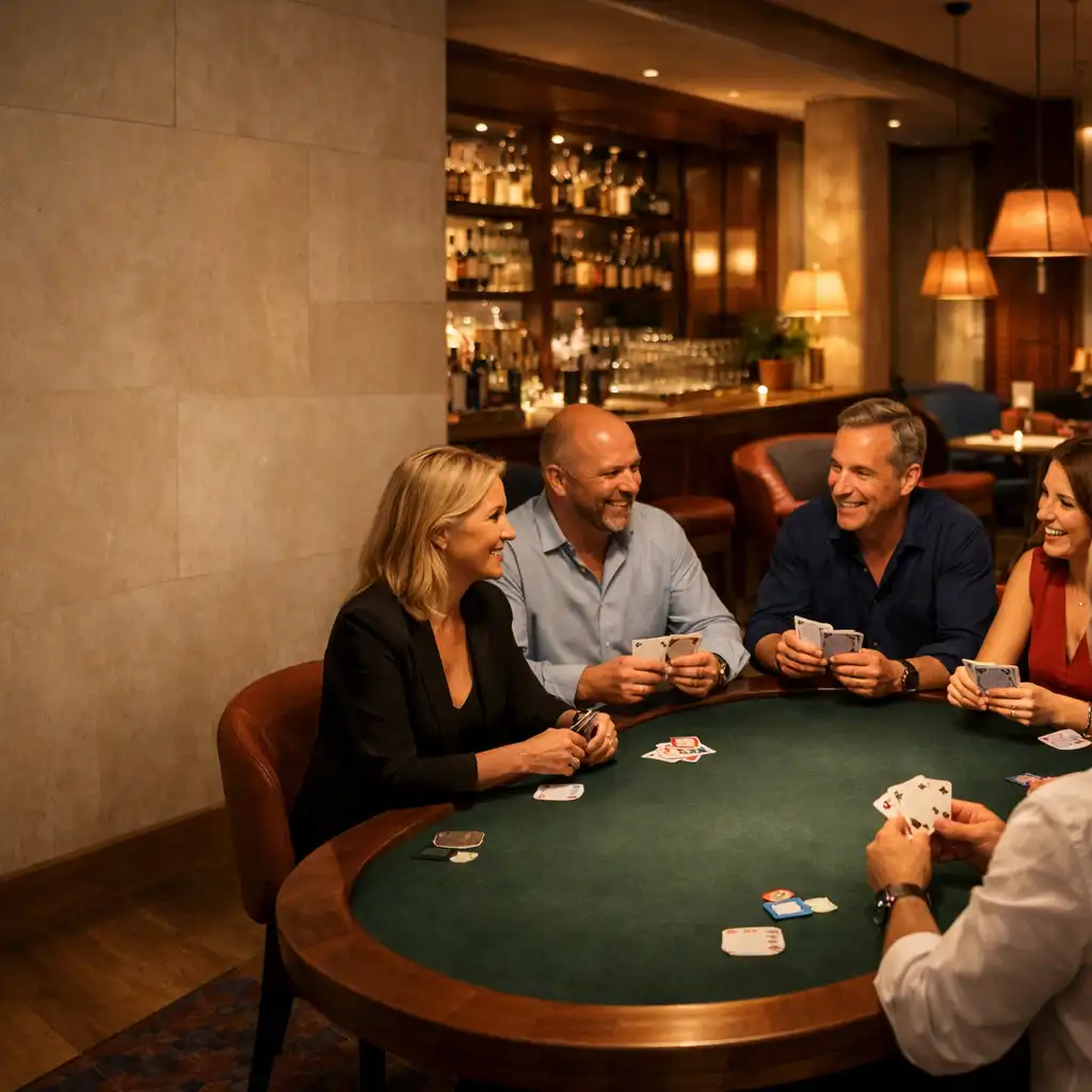 Dospělí hosté v rozhovoru kolem oválného pokerového stolu v elegantním Poker Lounge