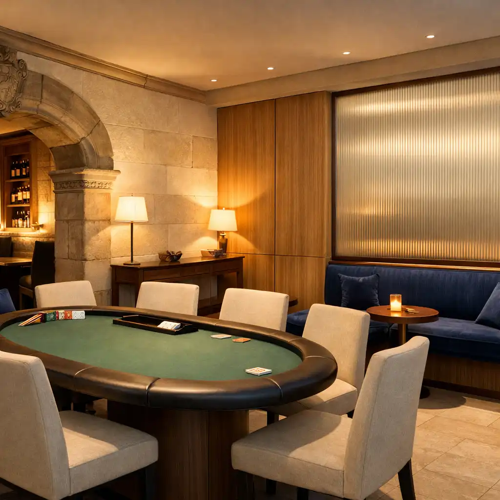 Klidný interiér Poker Lounge s oválným stolem, dřevem, kamenem a teplým večerním světlem