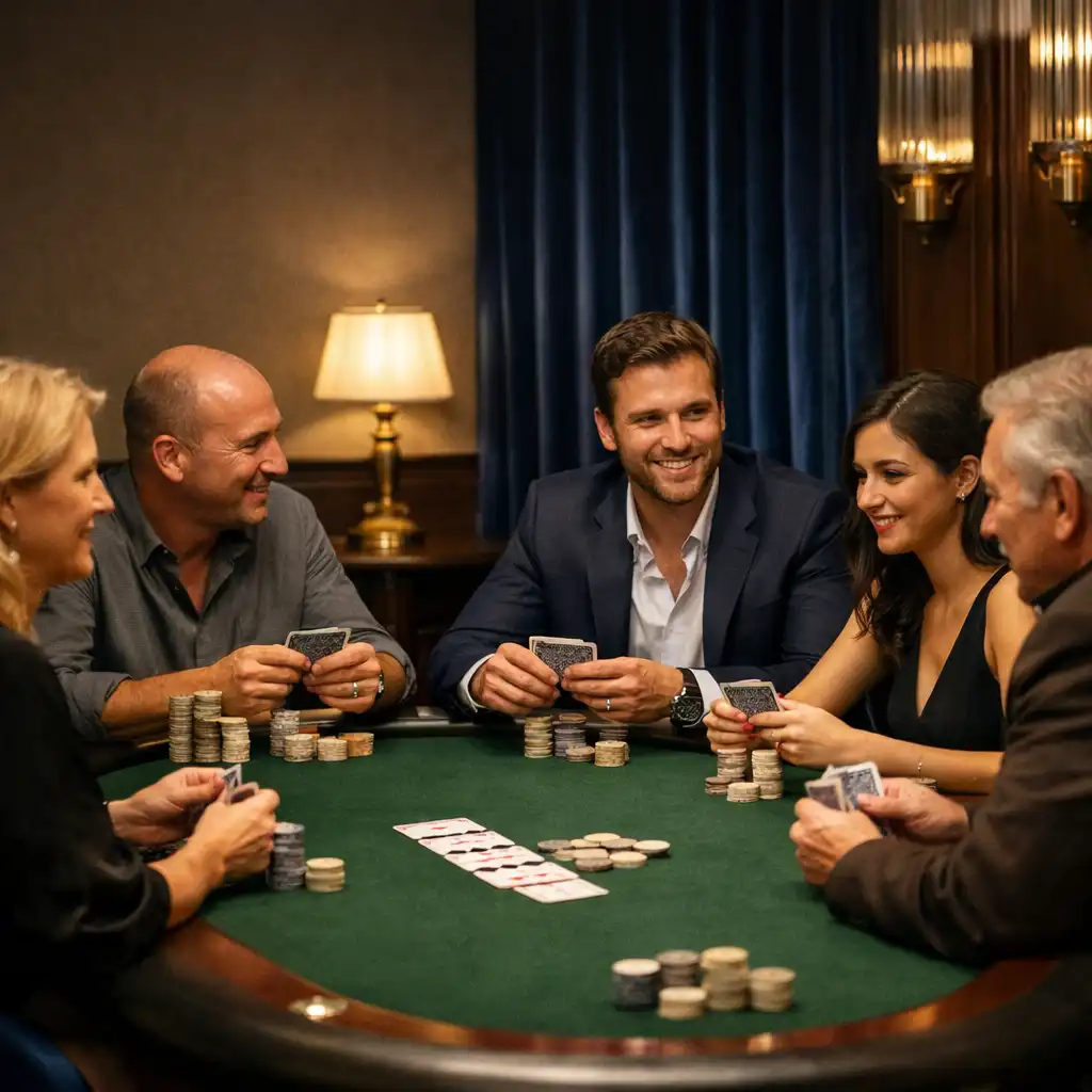 Hosté u oválného fyzického pokerového stolu v elegantním Poker Lounge, s kartami v rukou a vzájemnou konverzací.