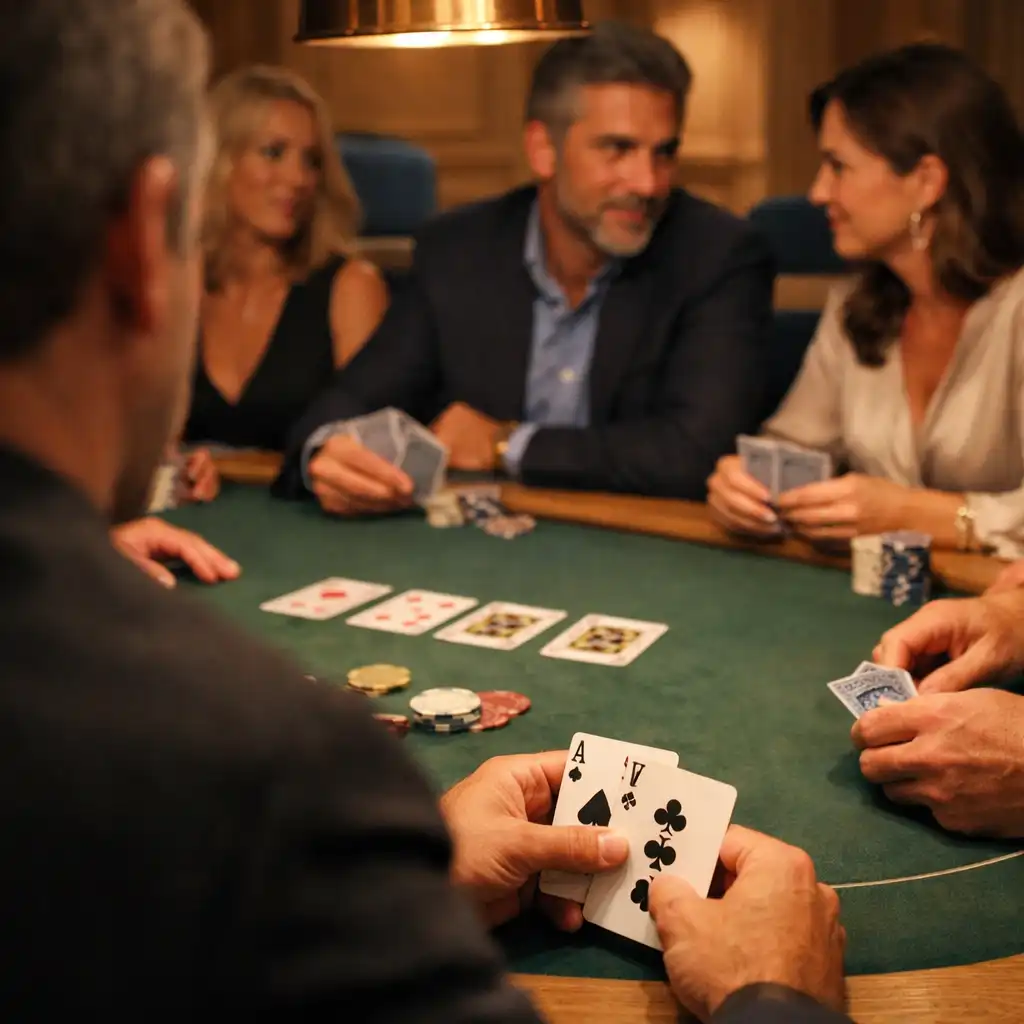 Ruce s kartami u oválného pokerového stolu v intimním Card Roomu