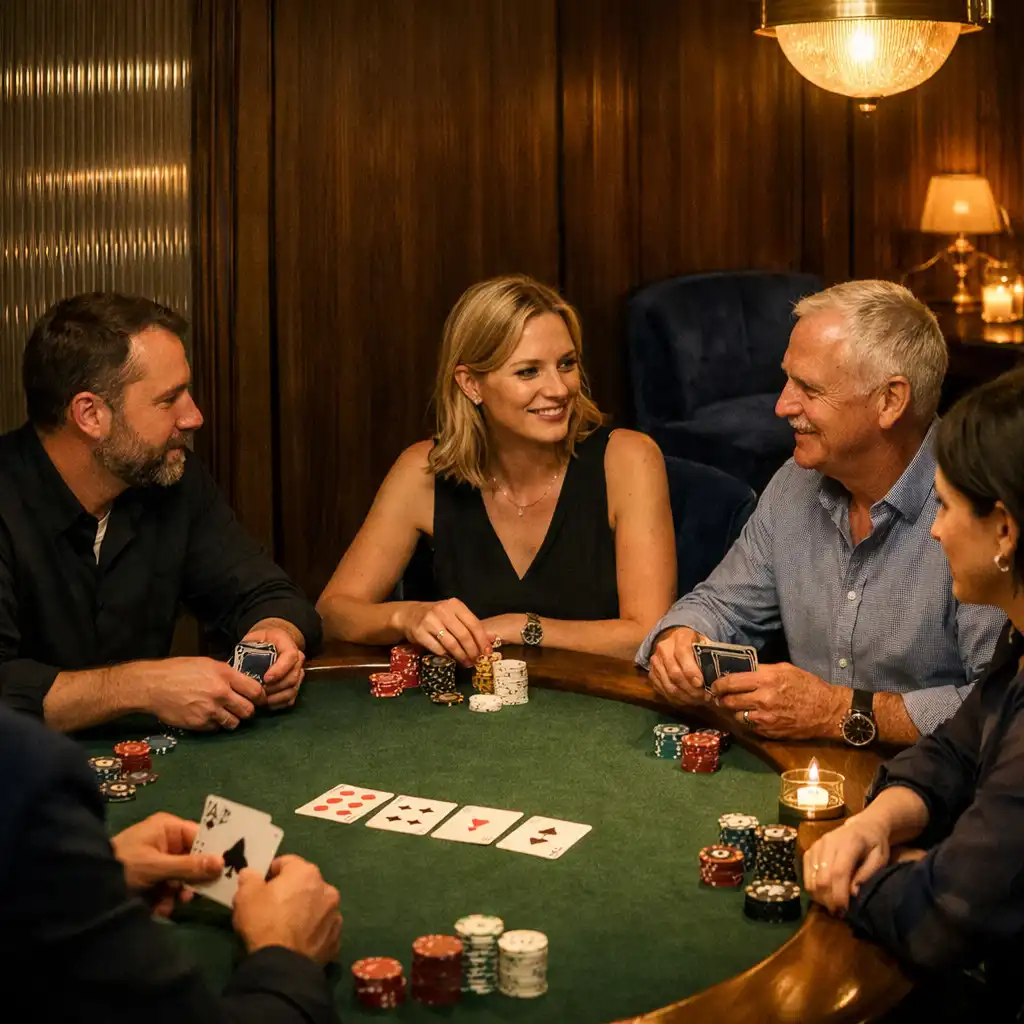 Pět dospělých hostů při přátelském Texas Hold’em u oválného stolu s filcem Forest Sage